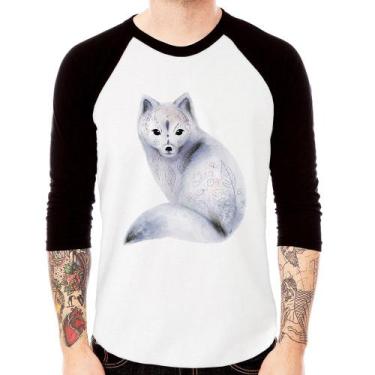 Imagem de Camiseta Raglan Raposa Arte Manga 3/4 - Foca na Moda, Branco, Preto, G