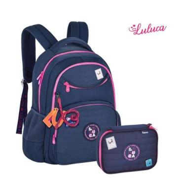 Imagem de Kit mochila de costas lancheira estojo Luluca original, Azul