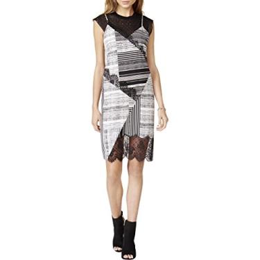 Imagem de GUESS Vestido feminino Aziz com acabamento em renda evasê, Listra corvo, preto, PP