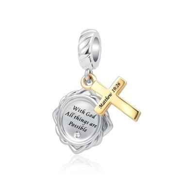 Imagem de QeenseKc Pingente de cruz religiosa, versículo da Bíblia, citação de escritura, contas de ouro para pulseira Pandora, Metal, Base