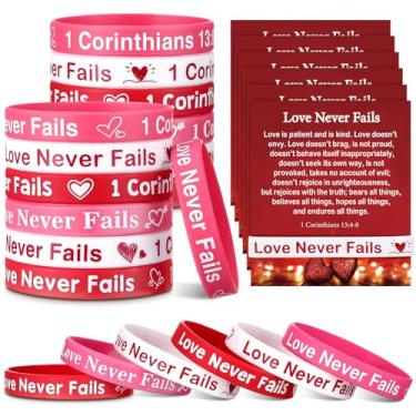 Imagem de Humyoun 30 conjuntos/60 peças pulseiras religiosas do Dia dos Namorados com cartões de versículo bíblico Love Never Fails presente religioso cristão Vbs 1 Corinthians 13: 8 pulseiras para lembrancinha