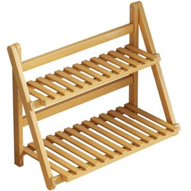 Imagem de YANQINQIN Prateleira de armazenamento de camada dupla de bambu - 30 cm C x 19 cm L x 35 cm A, prateleiras de escada de madeira dobráveis de 2 camadas, para cozinha, mesa, banheiro, jardim,