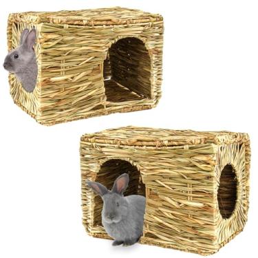 Imagem de HERCOCCI Casa de grama extra grande para coelho, dobrável e confortável – Cabana de animais pequenos, brinquedo de mastigar para coelho, porquinho-da-índia, hamster, chinchila (pacote com 2)