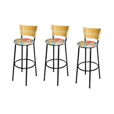 Imagem de Jogo 3 Banqueta Alta Para Cozinha Ratan Palha Preta Estofado Cerveja -