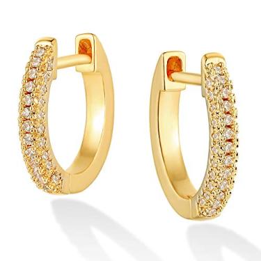 Imagem de Dremmy Studios Brincos de argola delicados CZ Huggie banhados a ouro 14 K, grosso, simples, fofo, redondo, babado, bola, starburst, brincos de argola de zircônia cúbica, presente personalizado