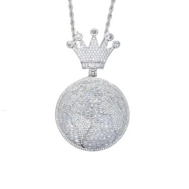 Imagem de Colar com pingente de mapa globo de coroa hip-hop para homens e mulheres, Latão, Zircônia cúbica