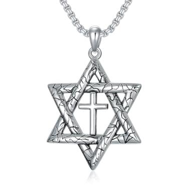 Imagem de KXJ Colar clássico de Hórus com estrela de Davi, olho do mal, prata esterlina S925, colar judaico para homens e mulheres, pingente hexagrama banhado a ouro com pingente hexagonal de aço inoxidável de