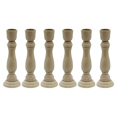 Imagem de Castiçais de madeira inacabados de 18 cm de altura com suporte de vela de metal central – Pacote com 6 unidades por