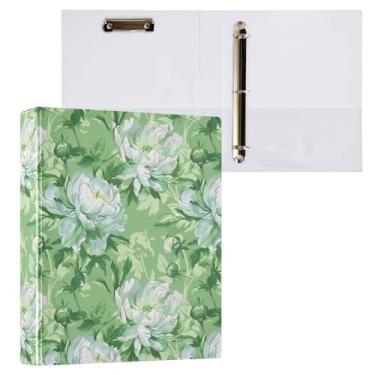 Imagem de Fichário de 3 anéis de flores verdes e brancas de peônia decorativa de 3,8 cm com prancheta e 3 bolsos transparentes, comporta 200 folhas de papel tamanho A4 fichários à prova d'água para escola,