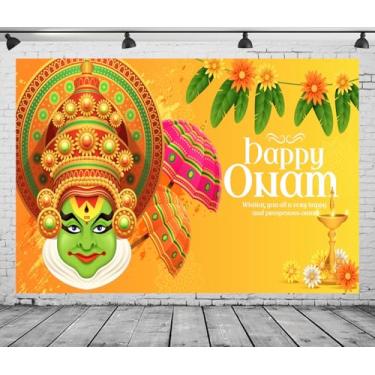 Imagem de CORFOTO Happy Onam Kathakali tecido pano de fundo 2,1 x 1,5 m indiano tradicional festival guarda-chuva calêndula fundo para decoração de festa de colheita do sul da Índia banner crianças adultos