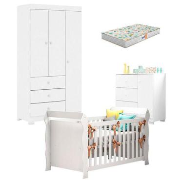 Imagem de Quarto de Bebê Duda 3 Portas e Berço Americano Lara Branco Brilho com 