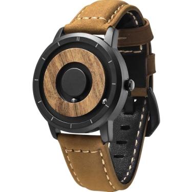 Imagem de EUTOUR Relógios masculinos masculinos de madeira relógios magnéticos analógicos masculinos relógio de quartzo suíço caixa de madeira natural malha de aço inoxidável/pulseira de resina 40 mm, Couro