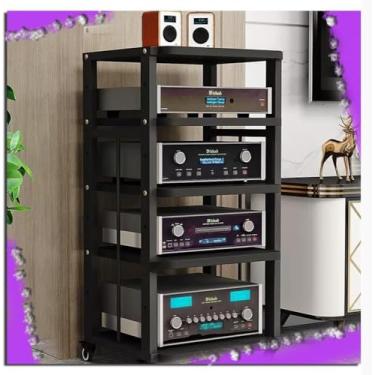 Imagem de Prateleira de armazenamento de áudio/vídeo, suporte de mídia com roda de freio, torre de áudio, prateleiras ajustáveis, gabinete de componente de áudio de canto para componentes de entretenimento,