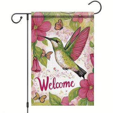 Imagem de Starlit Patio Primavera verão beija-flor bandeira de jardim 30,5 x 45,7 cm beija-flor dupla face borboleta floral pequena bandeira de quintal casa de fazenda sazonal decoração externa