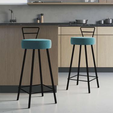 Imagem de Kit 02 Banqueta Alta Com Encosto Tina Eiffel Cozinha Bar Bistrô Ferro Preto Suede Azul Turquesa - Ahazzo Móveis