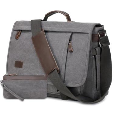 Imagem de Bolsa mensageiro de 17,3 polegadas para homens: 2 peças pasta de lona de couro PU para trabalho para laptop grande computador para viagens de escritório e faculdade (cinza)