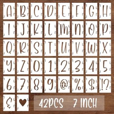 Imagem de Estêncil de números de letras do alfabeto de 18 cm, 42 peças de plástico reutilizáveis, símbolo, kit de modelo de desenho entrelaçado para pintura em madeira, tecido, pedra, quadro-negro, varanda, parede, sinalização