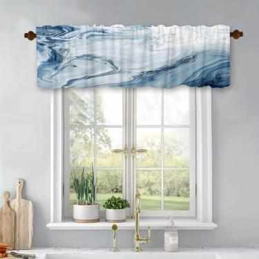 Imagem de Cortinas de cozinha curtas de mármore azul para tratamento de janelas, cortinas blackout com bolso para varão, painel para banheiro, quarto, sala de estar, 137 x 45 cm
