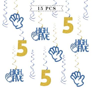 Imagem de Decorações de espiral suspensas High Five - Glitter 15 peças de artigos de festa de 5º aniversário - Streamers de aniversário para crianças - Cinco anos - Palm Five Sign Party Foil Swirls Decorações