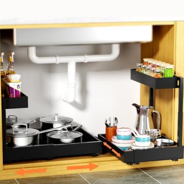 Imagem de Maywise Organizador expansível embaixo da pia, pacote com 2 camadas, adesivo organizador embaixo do armário, prateleira de armazenamento removível para cozinha, banheiro, lavanderia, altura ajustável