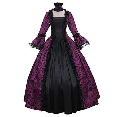 Imagem de STIOEDYUAN Vestido de baile feminino rococó estampado gótico renascentista vintage corte medieval cosplay vestidos temáticos gola quadrada (roxo, grande)