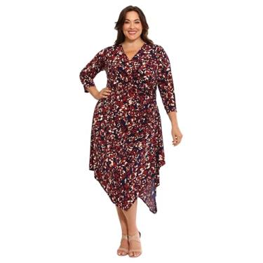 Imagem de London Times Vestido feminino com bainha de lenço e cintura franzida - manga três quartos decote em V formal, Azul-marinho/ferrugem profunda, 25 Plus Size