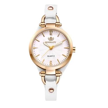 Imagem de JewelryWe Relógio feminino com pulseira de couro: Relógio vintage redondo analógico de quartzo Steampunk retrô casual relógio de pulso feminino vestido, Branco