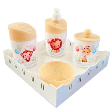 Imagem de Kit Higiene Baby Safari Menino e Menina c/bandeja em MDF (QUADRADA BRANCA/MADEIRA, Leão/Macaco/Girafa - Balões)