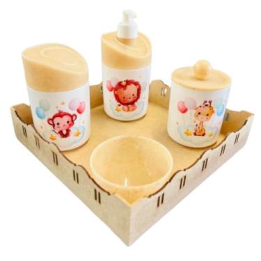 Imagem de Kit Higiene Baby Safari Menino e Menina c/bandeja em MDF (QUADRADA CRUA/MADEIRA, Leão/Macaco/Girafa - Balões)