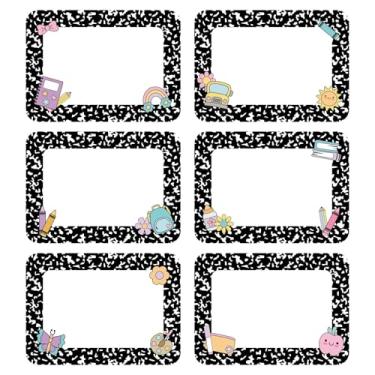 Imagem de AmazingSpark 144 peças de adesivos de nome de menina escolar composição decoração de sala de aula para estudantes adesivos de nome de borda preto e branco etiqueta 6 designs para sala de aula, escola