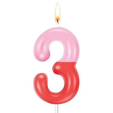 Imagem de Conelist Velas de porco rosa, número de velas, decorações de bolo de aniversário, enfeite de cupcake para meninos e meninas (rosa vermelho número 3)