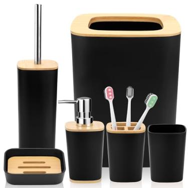 Imagem de Hommtina Conjunto de Acessórios de Banheiro de Bambu, 6 Peças Essenciais para Banheiro, Incluindo Copo para Escova de Dentes, Suporte para Escova de Dentes, Dispensador de Sabão, S (, Quadrado Preto)