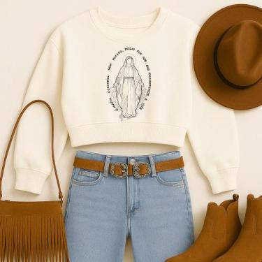 Imagem de Cropped Moletom Country Estampa Nossa Senhora das Graças Católica Mari