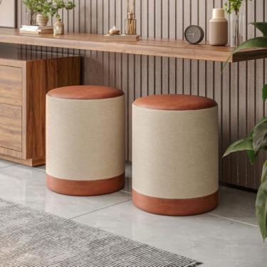 Imagem de KIT-2 Banco PUFF Cilindro Closet Penteadeira Banqueta Redonda LINHO BEGE ASSENTO EM COURO CARAMELO 42cm x 34cm