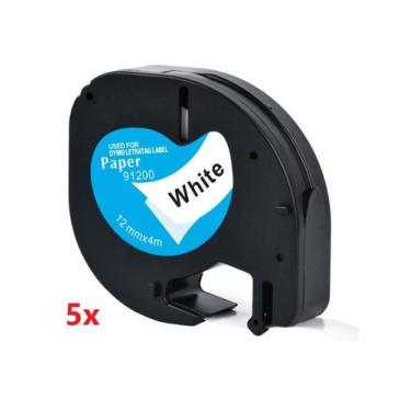 Imagem de Kit 5 Fitas Papel Compatível Dymo Letratag 91200 Branca Letra Preta 12