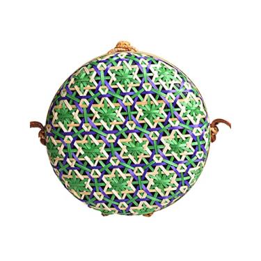 Imagem de SHAREYOIU Bolsas de ombro redondas de bambu tecidas à mão, estilo tropical de praia natural chique com alça de couro, Verde, Big，7.87x 3.2 inch
