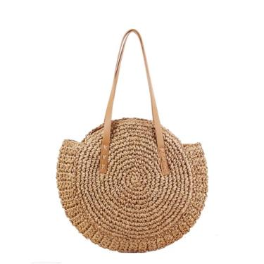 Imagem de SHAREYOIU Bolsa feminina redonda de palha, bolsa de ombro, bolsa de praia com alça superior, Nº 1 cáqui médio