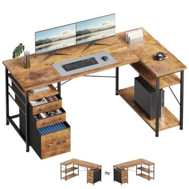 Imagem de Maihail Mesa de computador de 139,7 cm com gavetas, mesas para quartos, escrivaninha com armazenamento, mesa de trabalho para espaços pequenos, marrom rústico