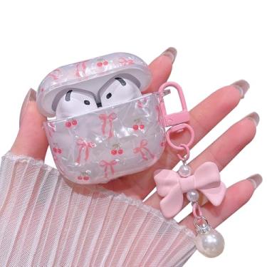 Imagem de MINSCOSE Capa para AirPods 4 com glitter, design moderno de laço cereja com chaveiro, capa protetora à prova de choque para Airpods iPod 4ª geração para mulheres e meninas - vermelho