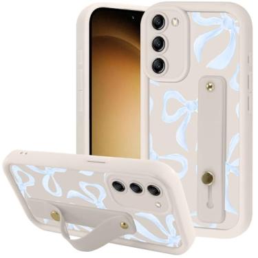 Imagem de Zrutru Capa de telefone estética com laço azul para Samsung Galaxy S23 5G com alça de pulso de mão macia ajustável flexível suporte de silicone à prova de choque Funda para Samsung S23 de 6,1