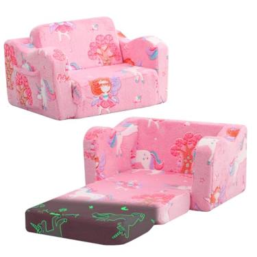 Imagem de MeMoreCool Cadeira infantil dobrável, sofá dobrável de pelúcia macia que brilha no escuro, poltrona confortável para bebês e meninas (fada rosa)