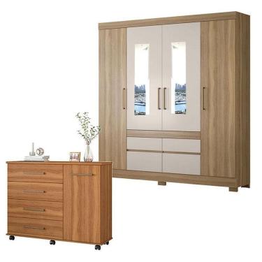 Imagem de Cômoda Flora E Guarda Roupa Casal Bilbao Amêndola Off White Com Espelho - Demóbile