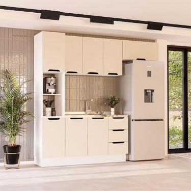 Imagem de Cozinha Compacta Sem Tampo com Rodapé Meena 8 Portas 3 Gavetas Creme e Branca