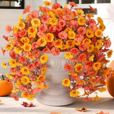 Imagem de Ivydale 2 peças de flores artificiais para pendurar no outono, petúnias falsas ao ar livre, flores artificiais de seda com eucalipto, plantas penduradas realistas resistentes a UV para decoração de