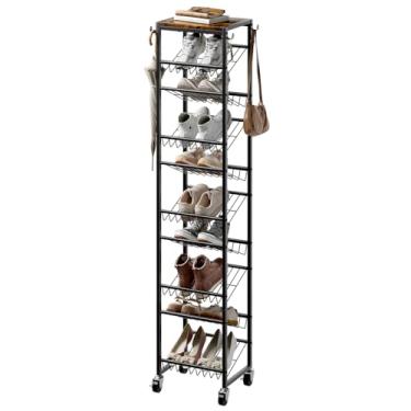 Imagem de UNITSTAGE Sapateira vertical giratória de 10 níveis, organizador de armazenamento de sapatos alto de madeira com ganchos, prateleira de sapato estreita de metal resistente para 20 pares, rack de