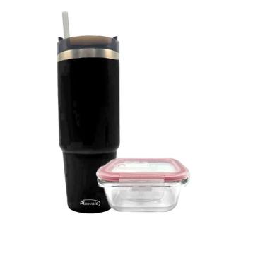 Imagem de Pote Vidro Hermético Marmita 1l E Copo Com Canudo 900ml Preto