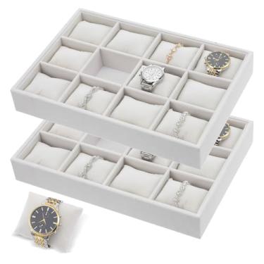 Imagem de mekueeex 2 peças de bandeja de relógio de veludo, organizador de joias, 12 grades, empilhável, pulseira de relógio, suporte de exibição de pulseira, travesseiro ajustável