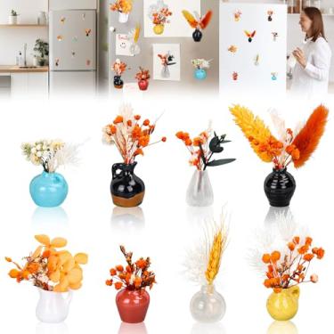 Imagem de JarThenaAMCS 8 peças de mini vaso de outono ímãs de geladeira outono 3D vaso floral de cerâmica magnética com botão de flores secas para casa, cozinha, escritório, acessórios de decoração