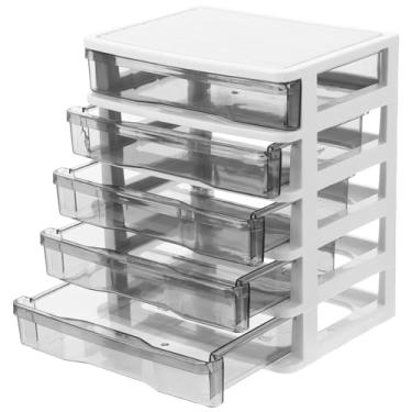 Imagem de Caixa de armazenamento de mesa com 5 gavetas, pequenas gavetas de plástico, armazenamento de mesa de 5 camadas, moldura branca com gaveta transparente, mini estojo para casa, escritório, artigos de