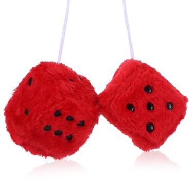 Imagem de Par de dados difusos de 6 cm de dados decorativos vermelhos felpudos para espelho de carro interior espelho retrovisor enfeite de pendurar acessórios de carro (vermelho)